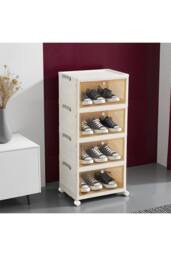 Living and Home 4-Tier Foldable Shoe Cabinet with Wheels Rolling Storage Box in Cream - Size: Medium - thumbnail 5