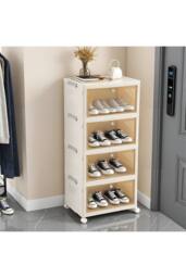 Living and Home 4-Tier Foldable Shoe Cabinet with Wheels Rolling Storage Box in Cream - Size: Medium