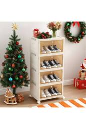Living and Home 4-Tier Foldable Shoe Cabinet with Wheels Rolling Storage Box in Cream - Size: Medium - thumbnail 2