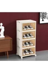Living and Home 4-Tier Foldable Shoe Cabinet with Wheels Rolling Storage Box in Cream - Size: Medium - thumbnail 4