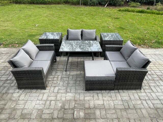 Fimous 7 PCS Outdoor Lounge Sofa Set Wicker PE Rattan Garden Furniture Set with Rectangular Dining Table Love Seat Sofa in Dark Grey - image 1