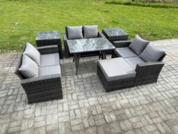Fimous 7 PCS Outdoor Lounge Sofa Set Wicker PE Rattan Garden Furniture Set with Rectangular Dining Table Love Seat Sofa in Dark Grey - thumbnail 2