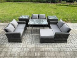 Fimous 7 PCS Outdoor Lounge Sofa Set Wicker PE Rattan Garden Furniture Set with Rectangular Dining Table Love Seat Sofa in Dark Grey - thumbnail 1
