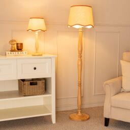 ValueLights Victoria Light Wood Floor Lamp with Linen Scallop Trim Tapered Shade & Bulb in Burnt Orange - thumbnail 4