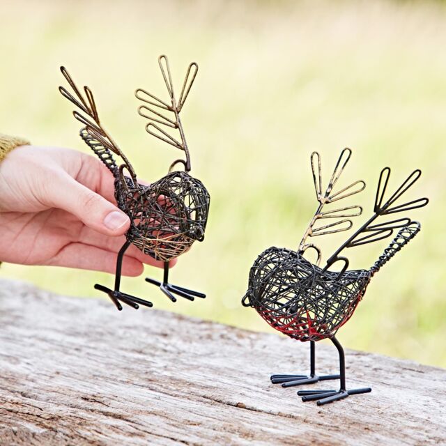 Paper High Set of Two Small Wire Winged Robin Decorative Ornament in Black - image 1