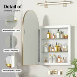 KEEPREAPER Arch Brushed Gold Bathroom Mirror Cabinet 51x76cm Metal Frame Recessed - Size: 51x76 cm - thumbnail 2