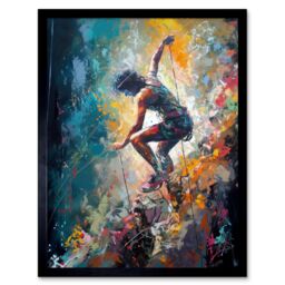 "Artery8 Wall Art Print Rock Climber Multicoloured Mountain Cliff Descent Art Framed in Black - Size: W12"" x H16""" - thumbnail 1