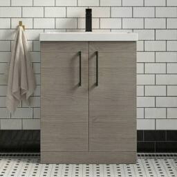 Balterley Contemporary Bathroom Floor 2-Door Vanity Basin, Solace Oak, 600mm in Brown - thumbnail 5
