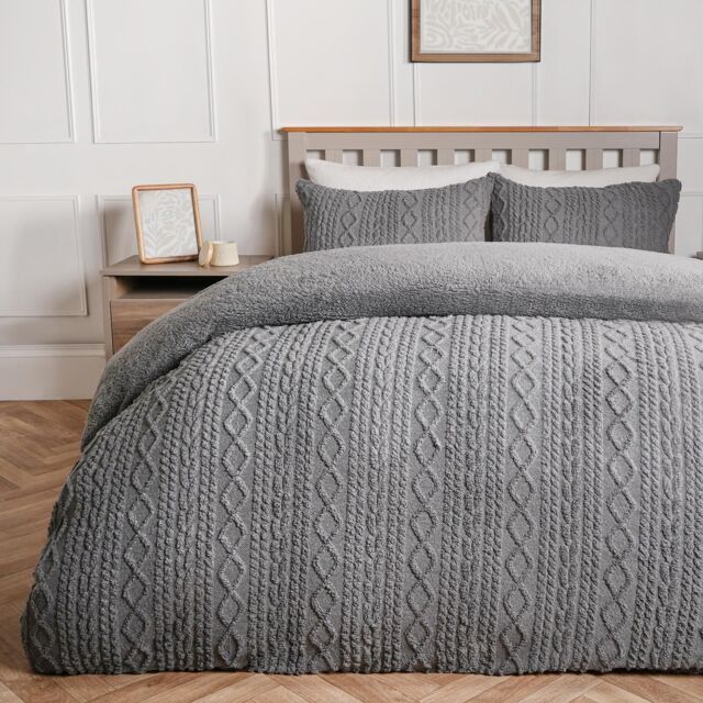 OHS Cable Knit Fleece Duvet Cover Set Warm Reversible Bedding in Light Grey - Size: Single - image 1
