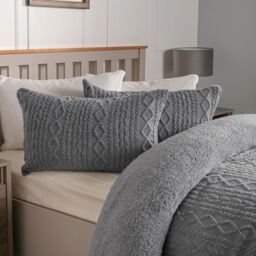 OHS Cable Knit Fleece Duvet Cover Set Warm Reversible Bedding in Light Grey - Size: Single - thumbnail 3
