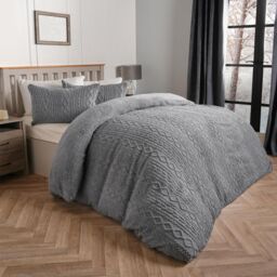 OHS Cable Knit Fleece Duvet Cover Set Warm Reversible Bedding in Light Grey - Size: Single - thumbnail 2