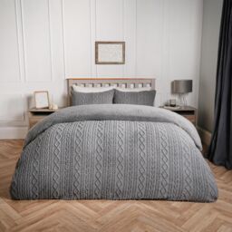OHS Cable Knit Fleece Duvet Cover Set Warm Reversible Bedding in Light Grey - Size: Single - thumbnail 6