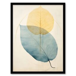 Wee Blue Coo Wall Art Print Skeleton Leaves Blue II Leaf Veins Structure Pastel Colour Azure & Yellow Watercolour Painting Art Framed - Size: A4 - thumbnail 1