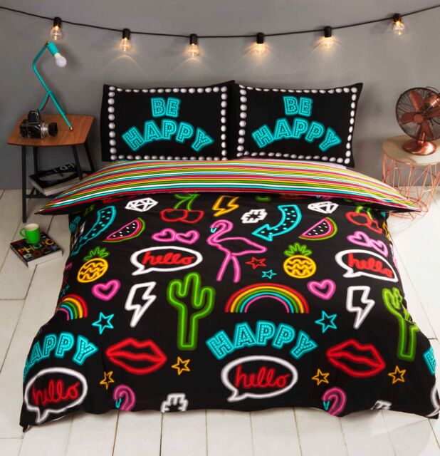 Rapport Home Be Happy Neon Polycotton Duvet Cover Set & Pillowcase in Black - Size: Double - image 1