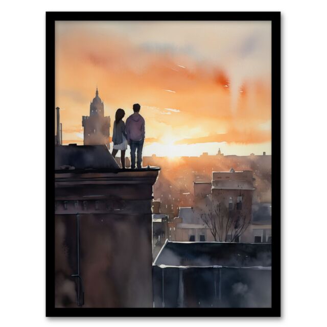 "Artery8 Wall Art Print Rooftop Romance Watercolour Painting Blue Orange Couple Watching City Sunset Bedroom Art Framed - Size: W12"" x H16""" - image 1