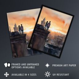 "Artery8 Wall Art Print Rooftop Romance Watercolour Painting Blue Orange Couple Watching City Sunset Bedroom Art Framed - Size: W12"" x H16""" - thumbnail 2
