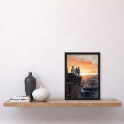 "Artery8 Wall Art Print Rooftop Romance Watercolour Painting Blue Orange Couple Watching City Sunset Bedroom Art Framed - Size: W12"" x H16""" - thumbnail 4