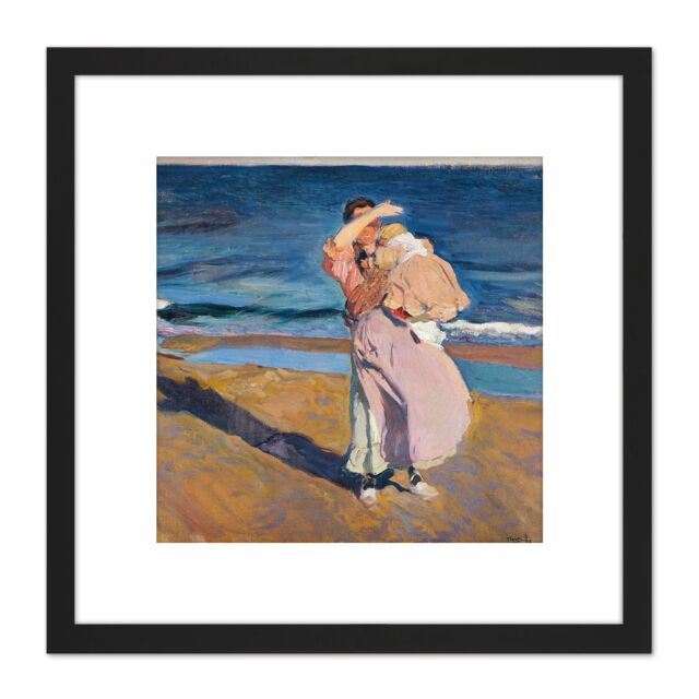 Artery8 Sorolla Fisherwomen With Her Son Painting 8X8 Inch Square Wooden Framed Wall Art Print Picture with Mount in Black - image 1