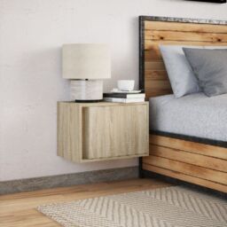 Berkfield Home Wall-mounted Bedside Cabinet with LED Lights Sonoma Oak in Brown - thumbnail 4