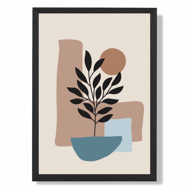 ARTZE Brown, Beige & Blue Boho Graphical Floral Framed Print SIZE: A2 with Black Frame in Brown - Size: A4 - image 1