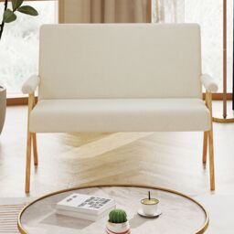 Costway Loveseat Sofa Comfy Upholstered Sherpa Couch with Armrests in White - thumbnail 1