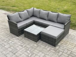 Fimous 7 Seater Outdoor Garden Furniture Set Wicker PE Rattan Corner Sofa Set with Square Coffee Table Big Footstool Dark Grey Mixed - thumbnail 1