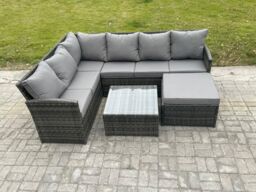 Fimous 7 Seater Outdoor Garden Furniture Set Wicker PE Rattan Corner Sofa Set with Square Coffee Table Big Footstool Dark Grey Mixed - thumbnail 2
