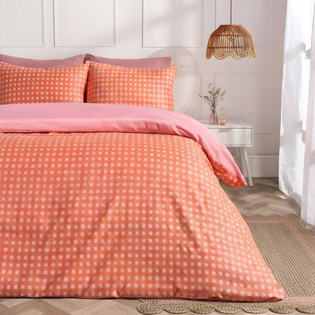OHS Gingham Embossed Bedding Set Waffle Duvet Cover with Pillowcase in Coral - Size: Double - image 1