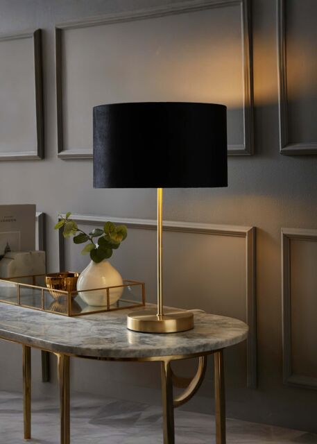 ValueLights Charlie Gold Stem Table Lamp with Velvet Drum with Gold Inner Lamp Shade & Bulb in Black - image 1