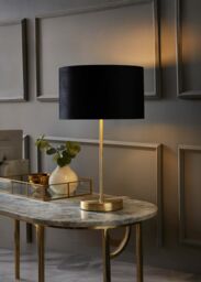 ValueLights Charlie Gold Stem Table Lamp with Velvet Drum with Gold Inner Lamp Shade & Bulb in Black
