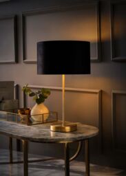 ValueLights Charlie Gold Stem Table Lamp with Velvet Drum with Gold Inner Lamp Shade & Bulb in Black - thumbnail 2
