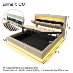 Rolipo Beige Linen Upholstered Bed 150x200 with LED & Hydraulic Storage - thumbnail 2