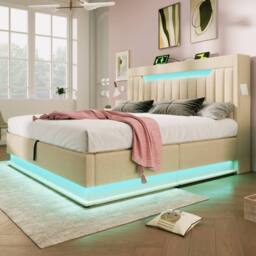 Rolipo Beige Linen Upholstered Bed 150x200 with LED & Hydraulic Storage - thumbnail 9