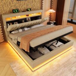 Rolipo Beige Linen Upholstered Bed 150x200 with LED & Hydraulic Storage - thumbnail 8