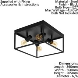 Loops Flush Ceiling Light Colour Black Open Metal Frame Box & Holders Bulb E27 4x40W - thumbnail 2