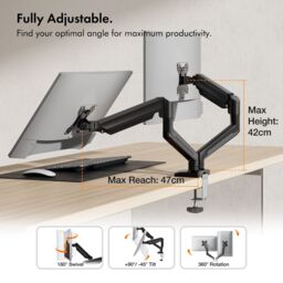 VonHaus Height Adjustable Tilt & Rotate Gas Powered Two Screen Monitor Stand in Black - thumbnail 4