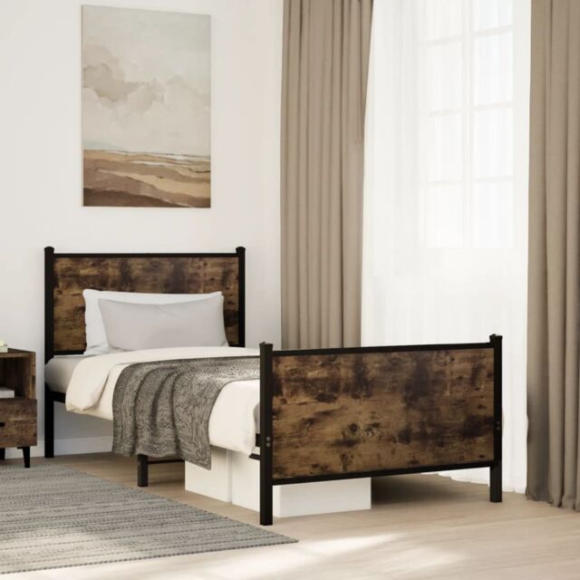 Berkfield Home Metal Bed Frame without Mattress Smoked Oak 75x190 cm Small Single in Brown - image 1