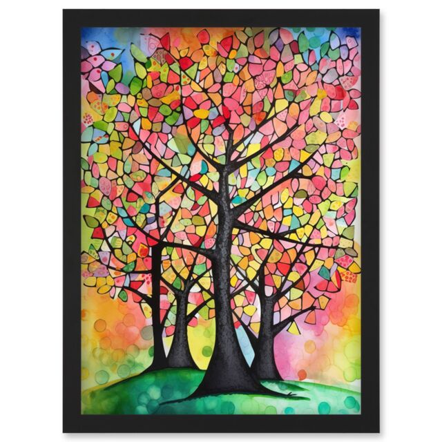 Artery8 Vibrant Blossoming Trees In Spring Folk Art Watercolour Painting Artwork Framed Wall Art Print A4 in Black - image 1