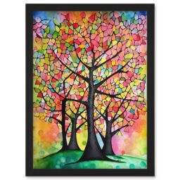Artery8 Vibrant Blossoming Trees In Spring Folk Art Watercolour Painting Artwork Framed Wall Art Print A4 in Black - thumbnail 1