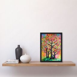 Artery8 Vibrant Blossoming Trees In Spring Folk Art Watercolour Painting Artwork Framed Wall Art Print A4 in Black - thumbnail 2