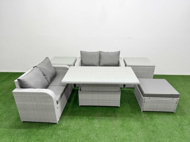 Fimous 5 Seater Outdoor Love Sofa Set Rattan Garden Furniture Set w/ Adjustable Lifting Dining or Coffee Table Big Footstool 2 Side Tables Light Grey - image 1