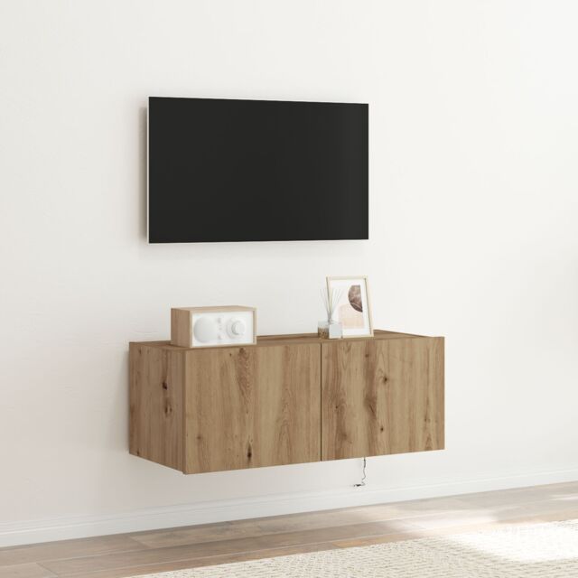 Berkfield Home TV Wall Cabinet with LED Lights Artisan Oak 80x35x31 cm in Brown - Size: 80 x 35 x 31 cm - image 1