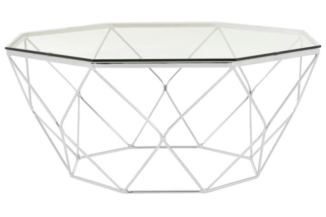 Orsina Geometric Hexagon Tempered Glass Coffee Table With Chrome Base, Silver Finish Table, Glass Top Center Table - image 1