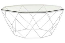 Orsina Geometric Hexagon Tempered Glass Coffee Table With Chrome Base, Silver Finish Table, Glass Top Center Table - thumbnail 1