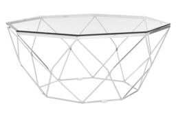 Orsina Geometric Hexagon Tempered Glass Coffee Table With Chrome Base, Silver Finish Table, Glass Top Center Table - thumbnail 2