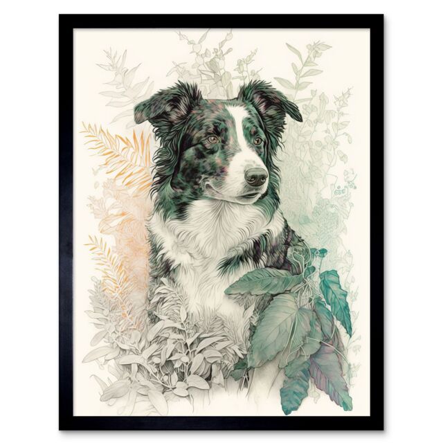 "Artery8 Wall Art Print Border Collie Dog in Field Modern Colour Pencil Portrait Art Framed in Black - Size: W12"" x H16""" - image 1
