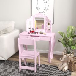 AIYAPLAY Kids Dressing Table Set Make up w/ Stool, Drawer, for Playroom in Pink - Size: 100 cm x 100 cm - thumbnail 1
