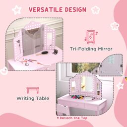 AIYAPLAY Kids Dressing Table Set Make up w/ Stool, Drawer, for Playroom in Pink - Size: 100 cm x 100 cm - thumbnail 6