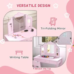 AIYAPLAY Kids Dressing Table Set Make up w/ Stool, Drawer, for Playroom in Pink - Size: 100 cm x 100 cm - thumbnail 5