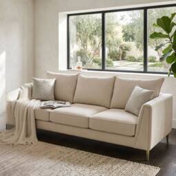 Stratus Interiors Elaine Velvet Fullback Elegant sofa with Gold Legs - 3 Seater in Cream